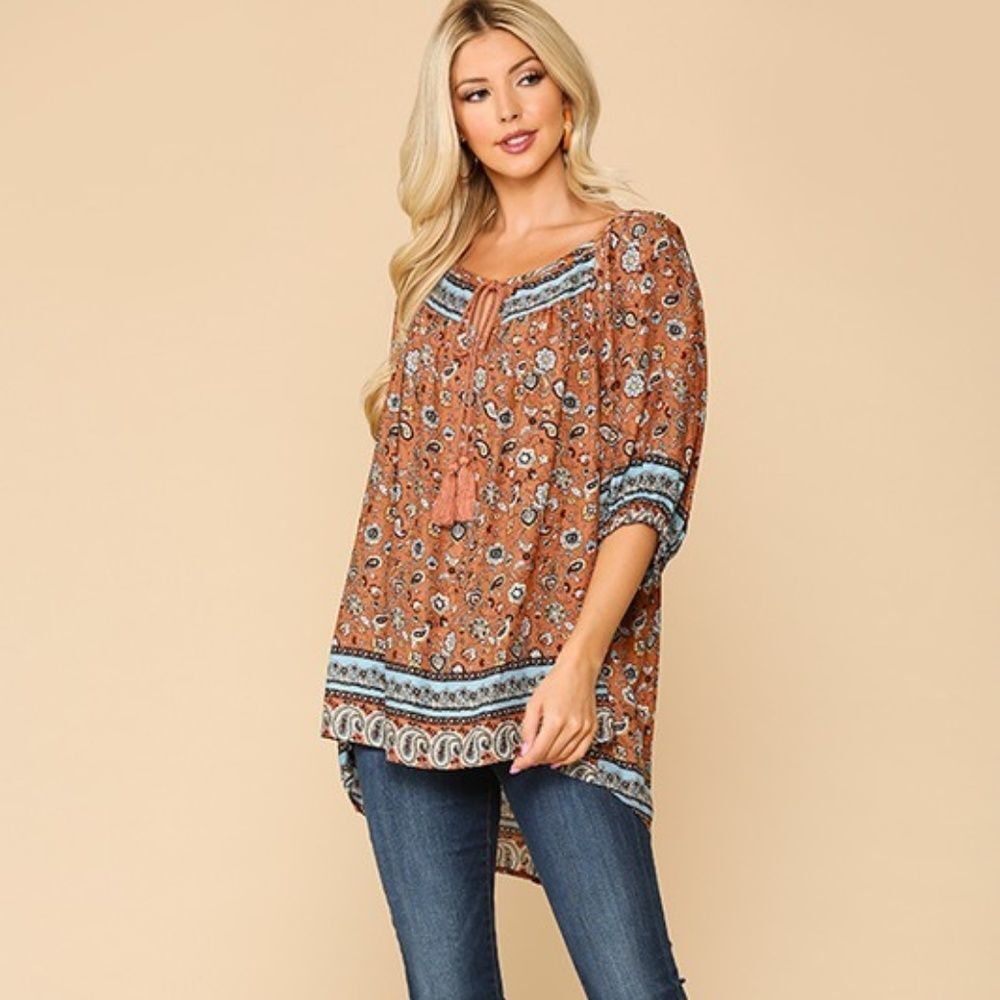 Gigio Boho Paisley Border Printed Front Tie Tunic Top with Hi-Low Hem Gypsy